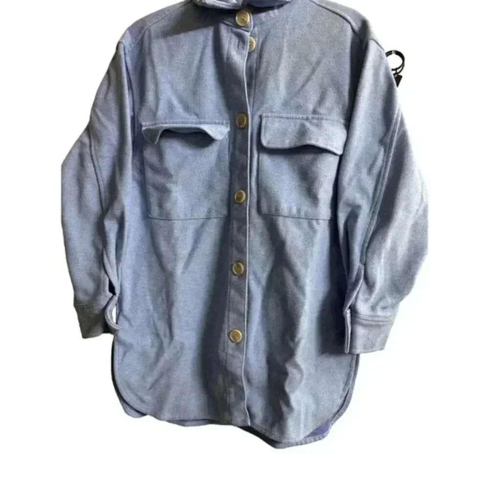 H&M Chambray Button Down Shirt Size XS Blue Oversized Shacket Casual Minimal - Picture 5 of 14